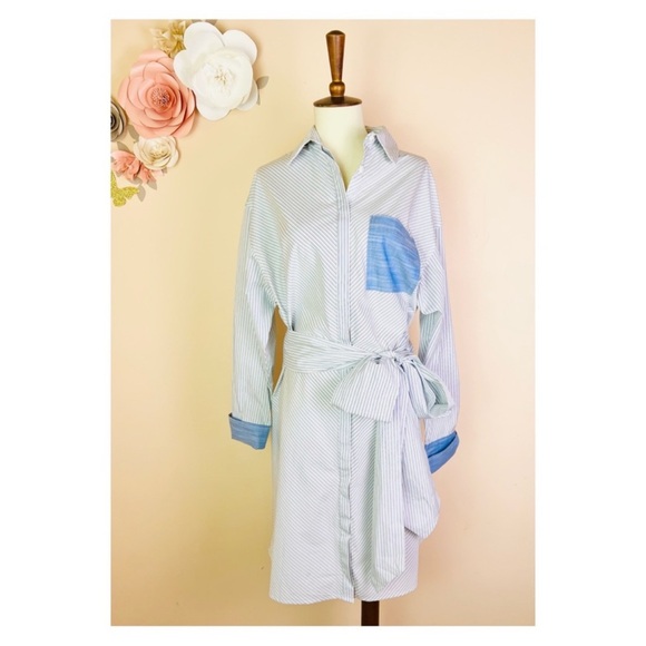 New! FRAME Striped Belted Wrap Shirt Dress - Picture 4 of 9